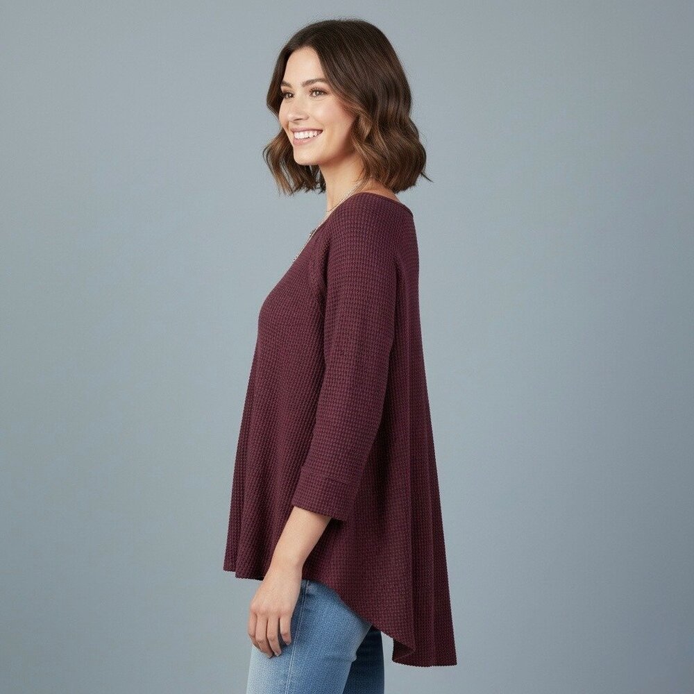 Free People Waffle Knit Tunic Top • Oversized 3/4 Sleeve Thermal Cozy Boho - Picture 4 of 14